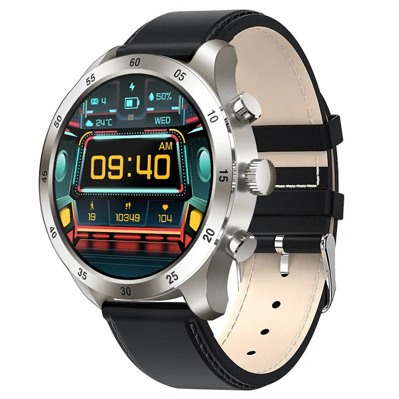 Black Bluetooth smart watch with touch screen displaying heart rate, on a grey silicone strap.