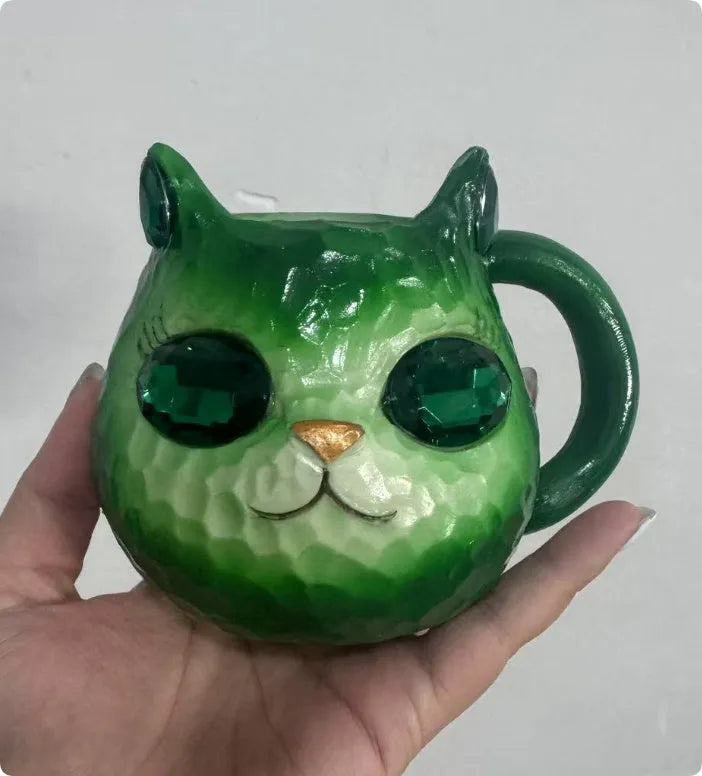 American style decorative resin cat cup in blue, green, pink, or purple colour.