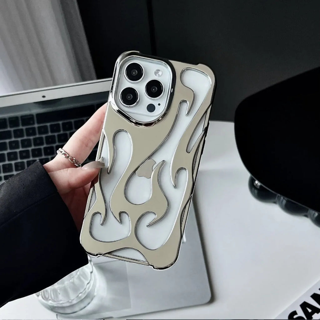 Electroplated hollow flame pattern phone case for iPhone, showing silver finish and perforated design for heat dissipation.