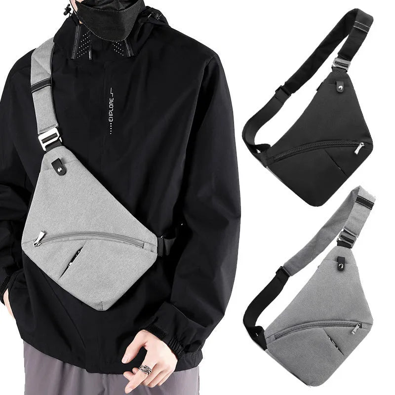 Men's Oxford cloth shoulder chest bag in black or grey with urban style and letter detailing