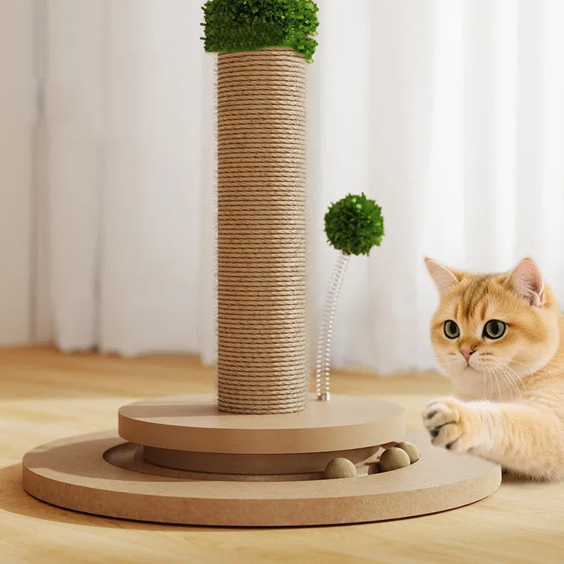 Vertical cat climbing frame with natural hemp rope scratching posts in a Canna finish, showing chamfered columns.