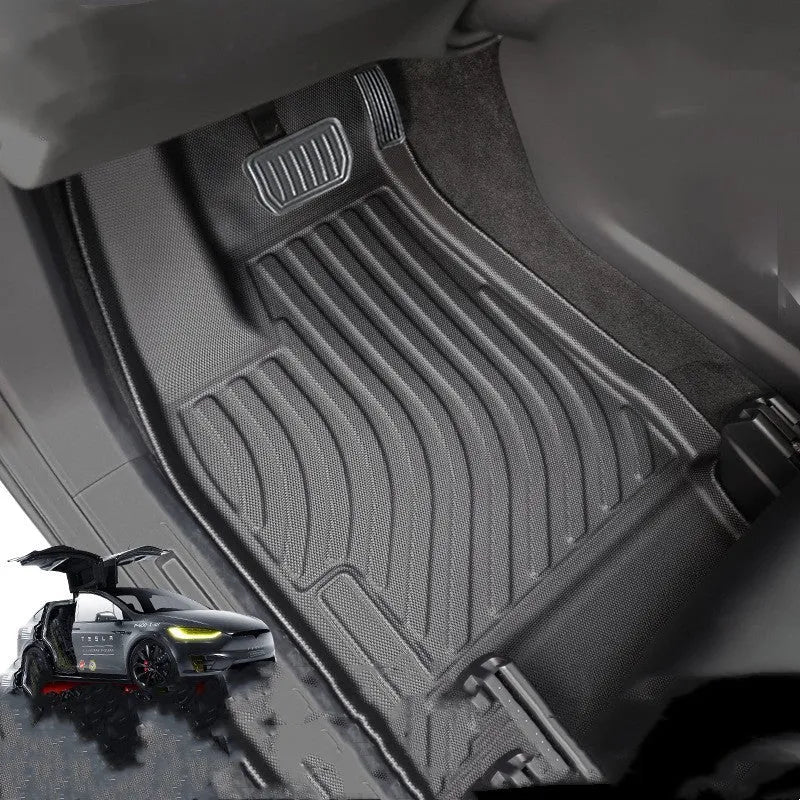Tailored waterproof rubber car mats and boot liner for a Tesla Model X interior.