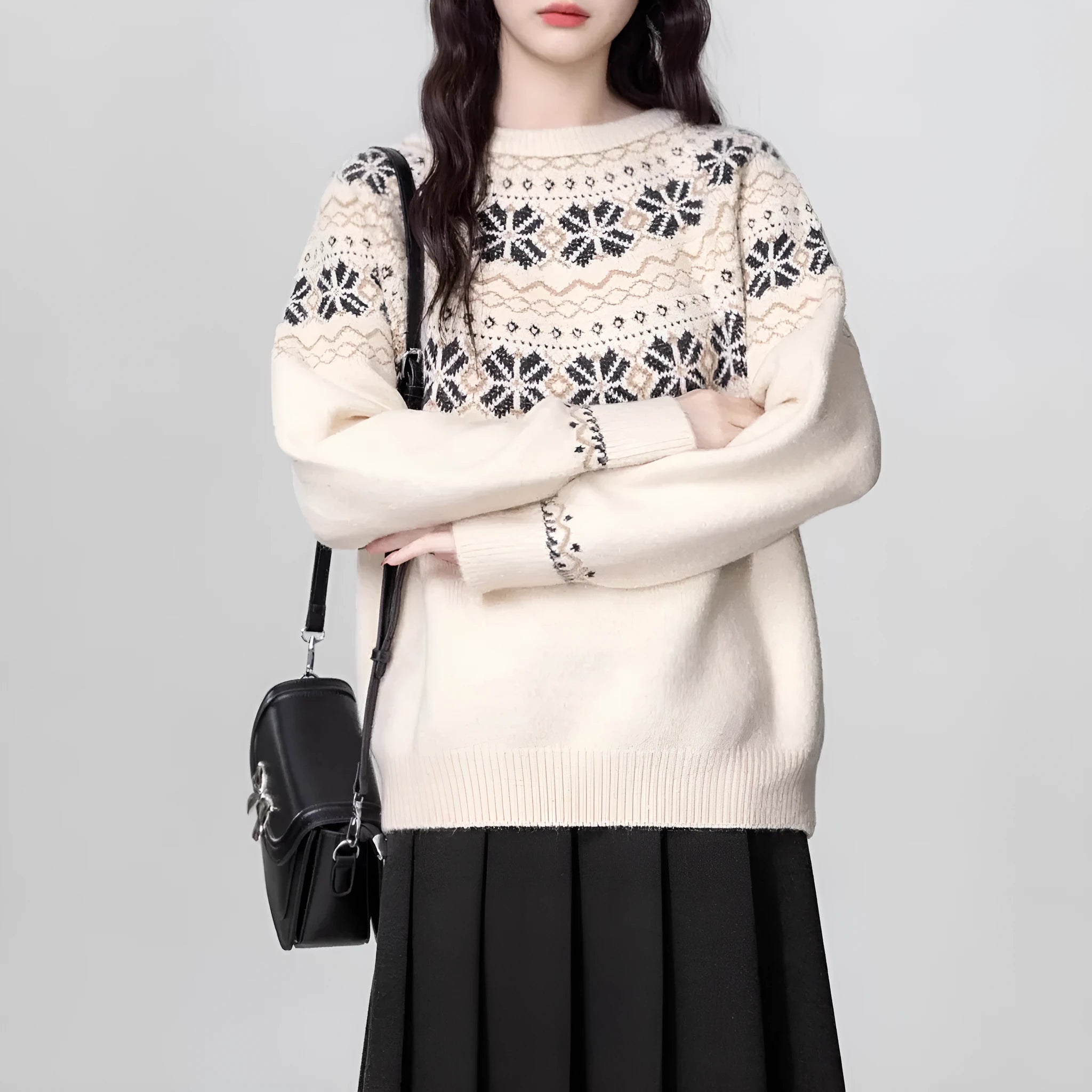 Women's milky white vintage Fair Isle geometric pattern pullover sweater with a loose fit and crew neck.
