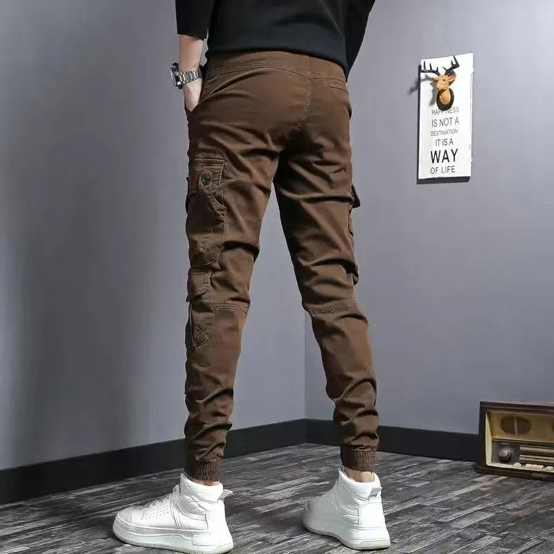 Men's slim fit elastic waist denim work pants in coffee colour, cotton fabric, nine tenths length