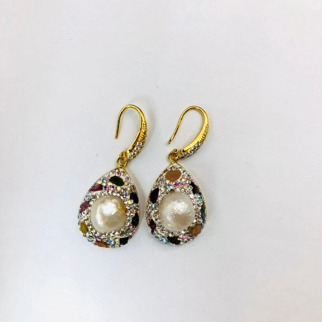 Natural freshwater pearl teardrop copper earrings for women colourful diamond inlay dangle style