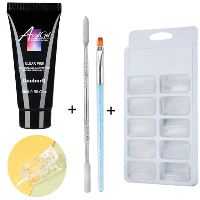 Clear nail polish art kit with resin gel, sponge, brush, and nail sticker for DIY manicure