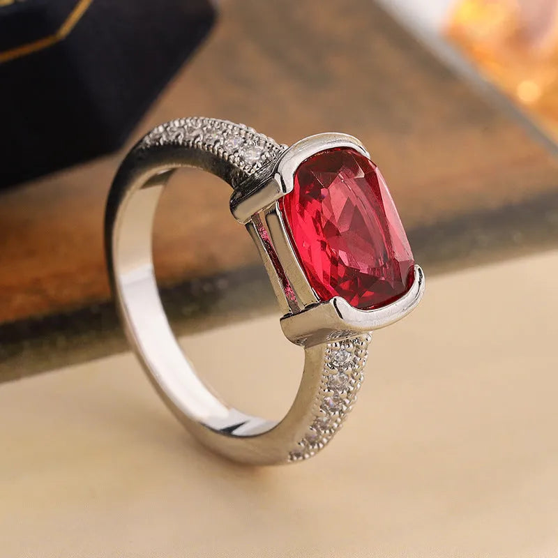 Square heart ring for women with red corundum and zircon stones on an electroplated copper band, sizes 6-10
