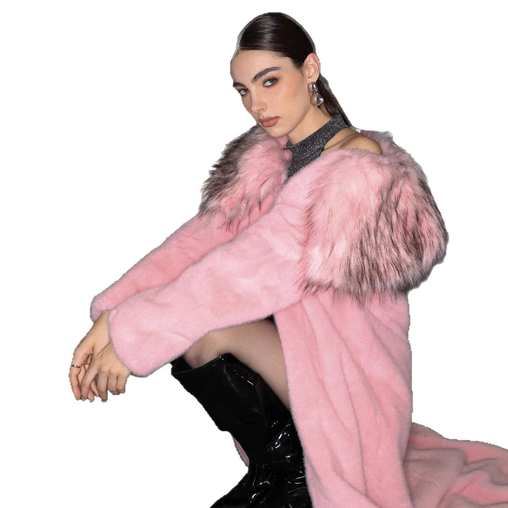 Women's pink plush faux fur long coat with fur collar, full-length 80cm design