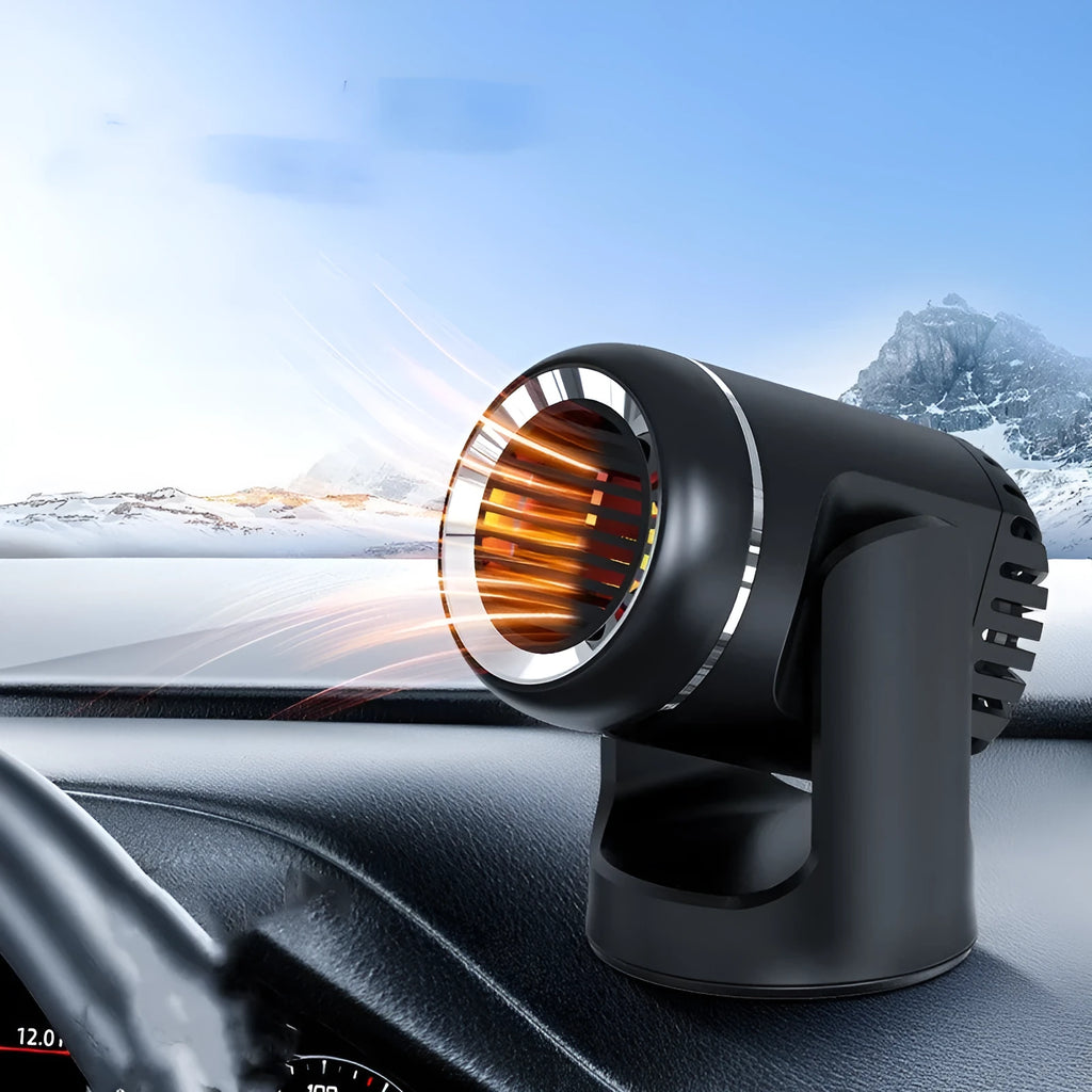 Black and white 12V car heater defroster unit with a long power cord on a car dashboard.