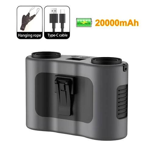 Grey waist-hung personal fan with neck lanyard attached, shown clipped to a belt.