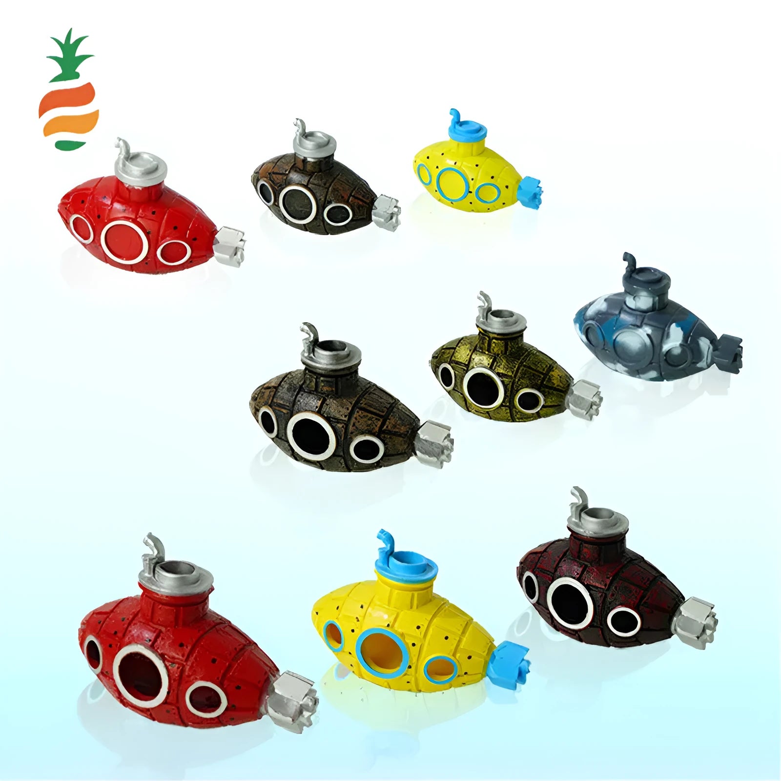 Mini PVC submarine aquarium ornament in red, sized 4-7cm, for fish tank landscaping