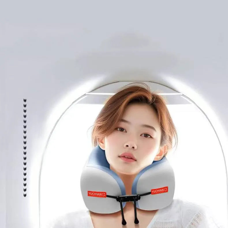 Memory foam U-shaped travel neck pillow in mint green, sky blue, grey, or cherry blossom pink for neck support