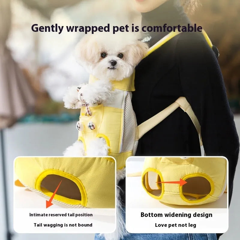 Yellow cartoon bear design soft canvas chest bag for small pets, shown with colourful stitching.