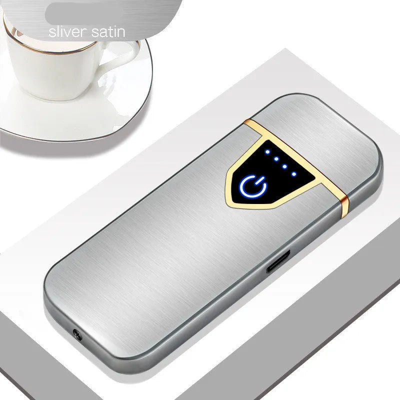 Personalised creative fingerprint induction charging cigarette lighter in black, USB rechargeable, plastic and zinc alloy construction