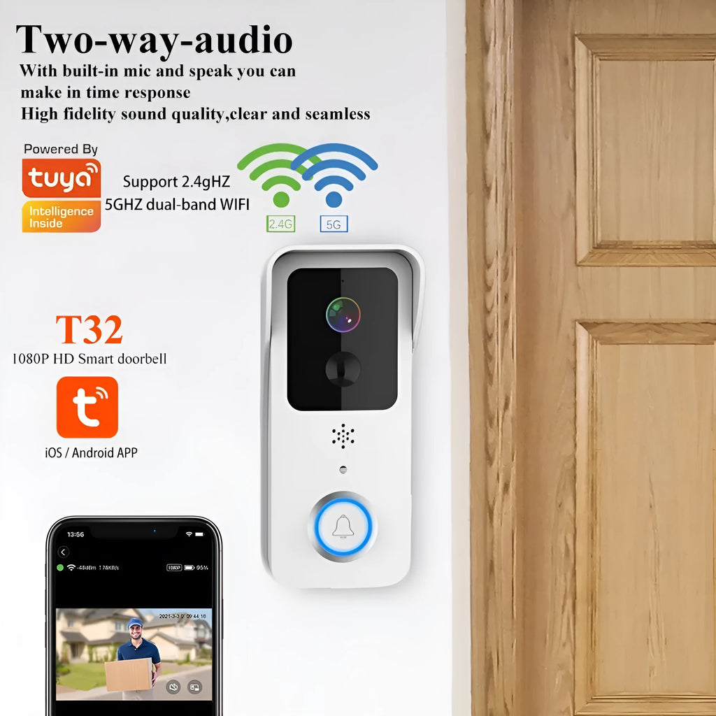 Smart home visual doorbell security camera with app push notification system and 18650 battery power.