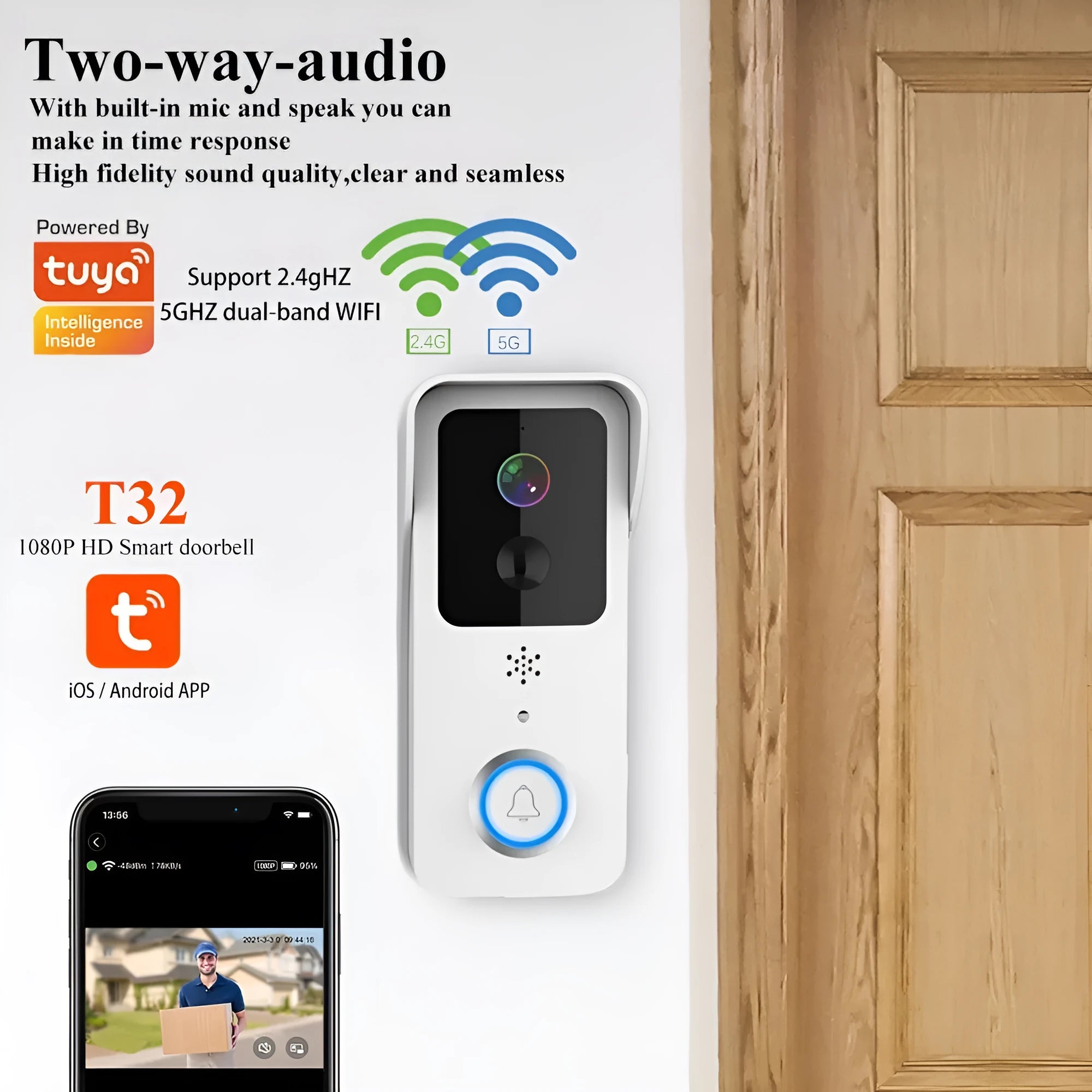 Smart home visual doorbell security camera with app push notification system and 18650 battery power.