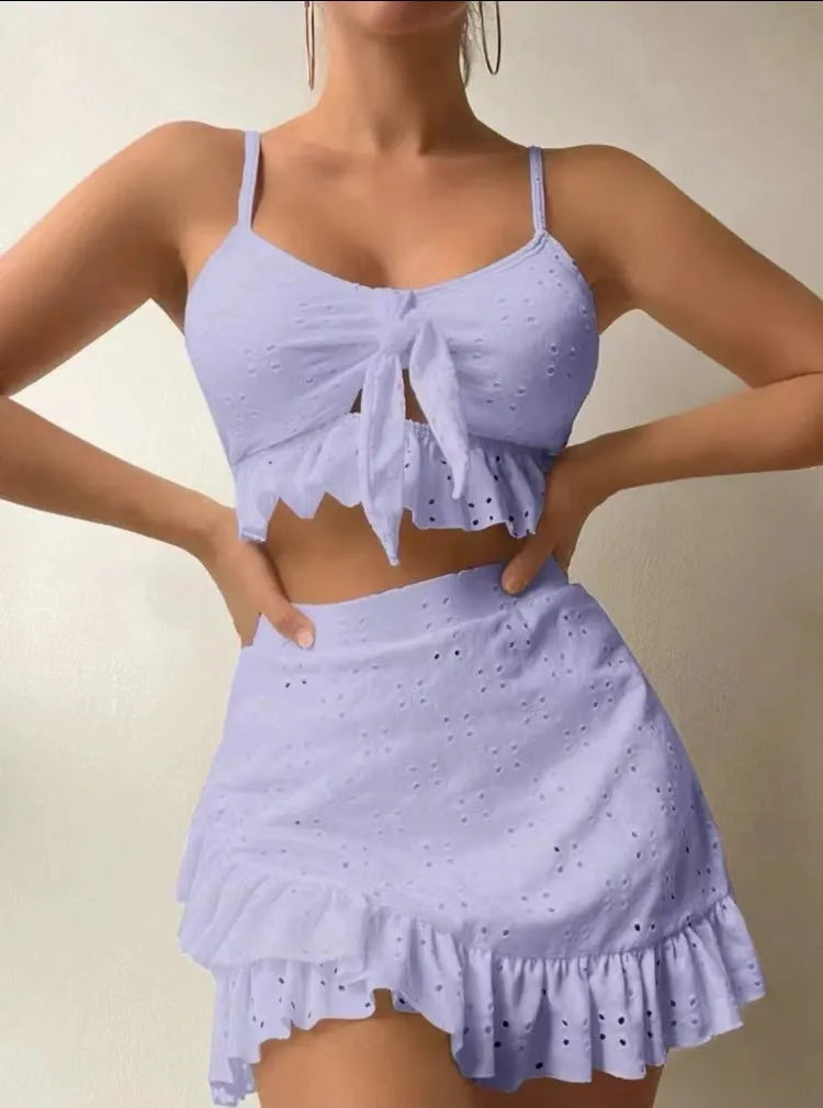 Women's solid colour three-piece bikini set with split hip skirt in multiple colour options