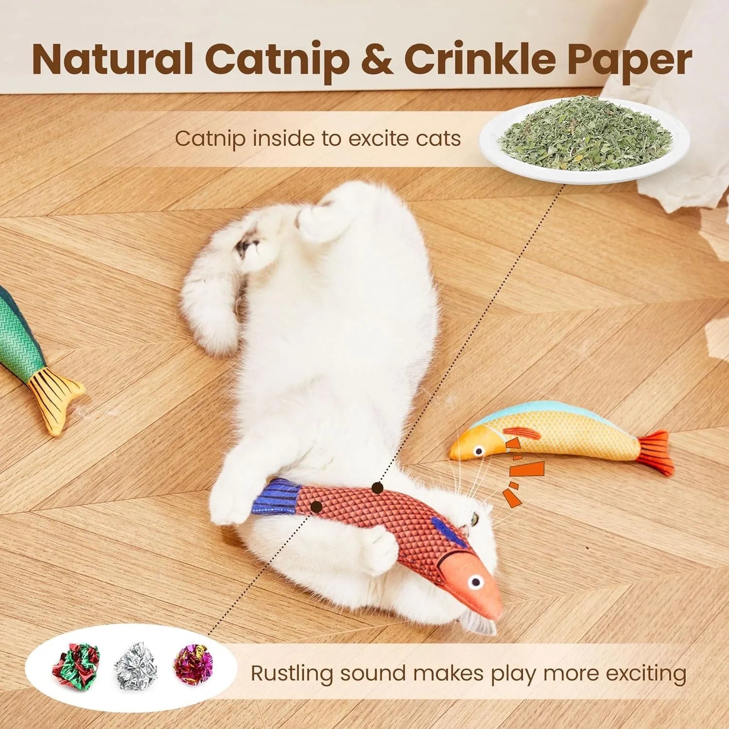 Plush green saury fish cat toy with organic catnip filling on a white background.