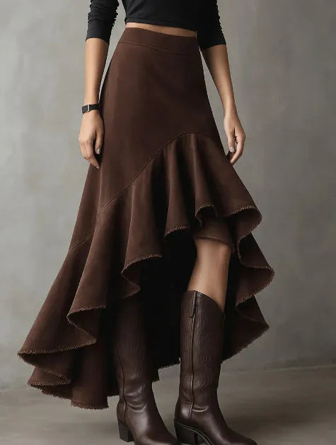 Western Brown High-Low Eco Suede Ruffle Maxi Skirt for Women