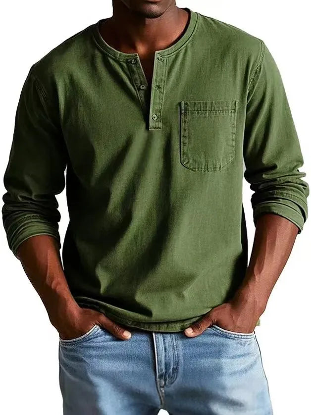 Men's V-neck long-sleeved t-shirt with button design in solid colour, front view showing polyester fibre fabric