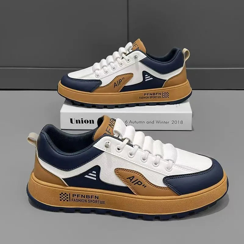 Men's white and black casual shoes with round toe and artificial PU upper