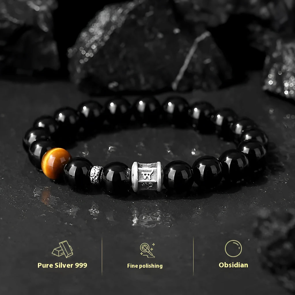 Mens black obsidian bracelet with silver prayer wheel and 10mm beads