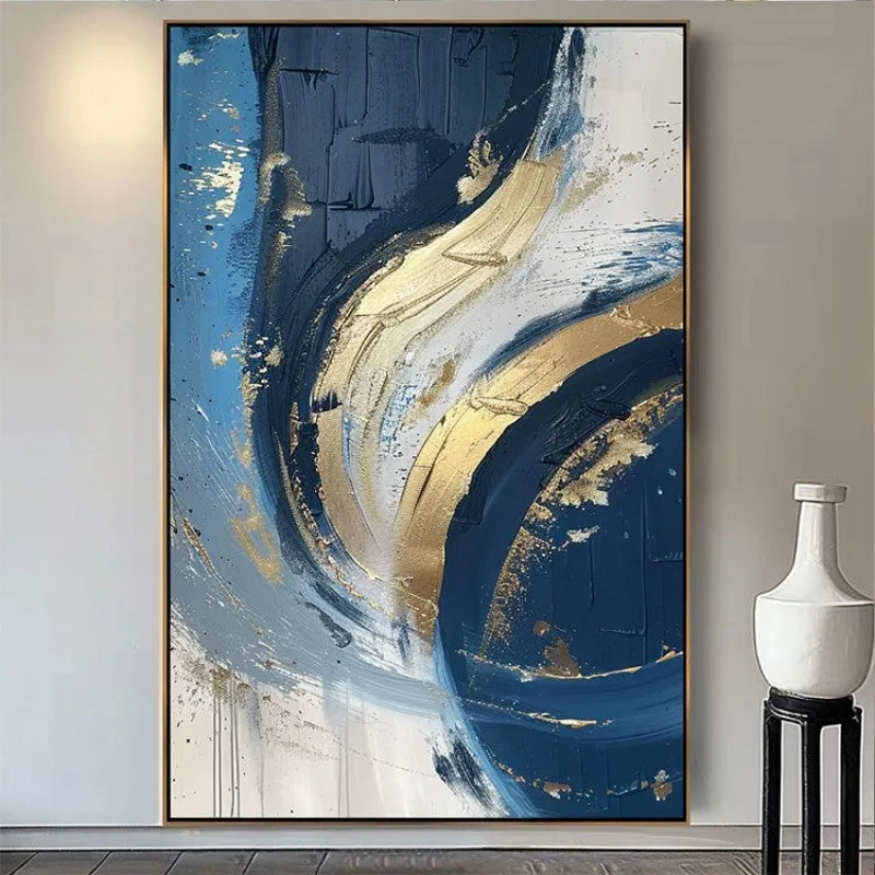 Handmade abstract oil painting in golden and blue on frameless vertical canvas, one panel, for living room wall decor