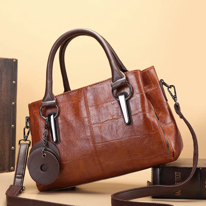 Large horizontal square PU shoulder bag with contrasting stitching and multiple internal compartments