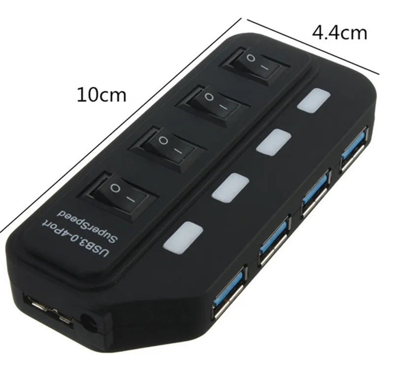 USB 4 interface hub with seven USB 3.0 ports and built-in overload protection, compact black design