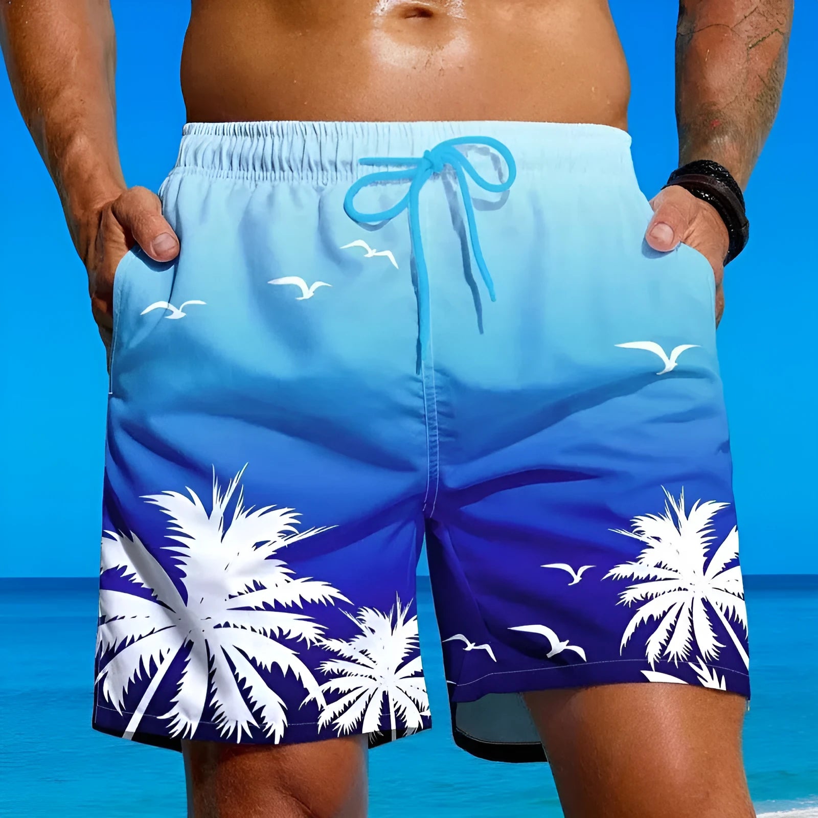 Men's loose fit swimming trunks with ethnic style pattern in polyester board short design