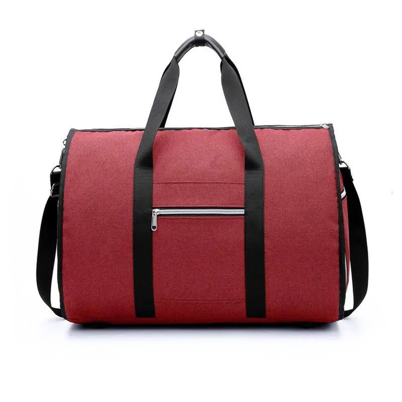 Medium sized cylindrical travel bag in black, made from oxford cloth with a top zipper.
