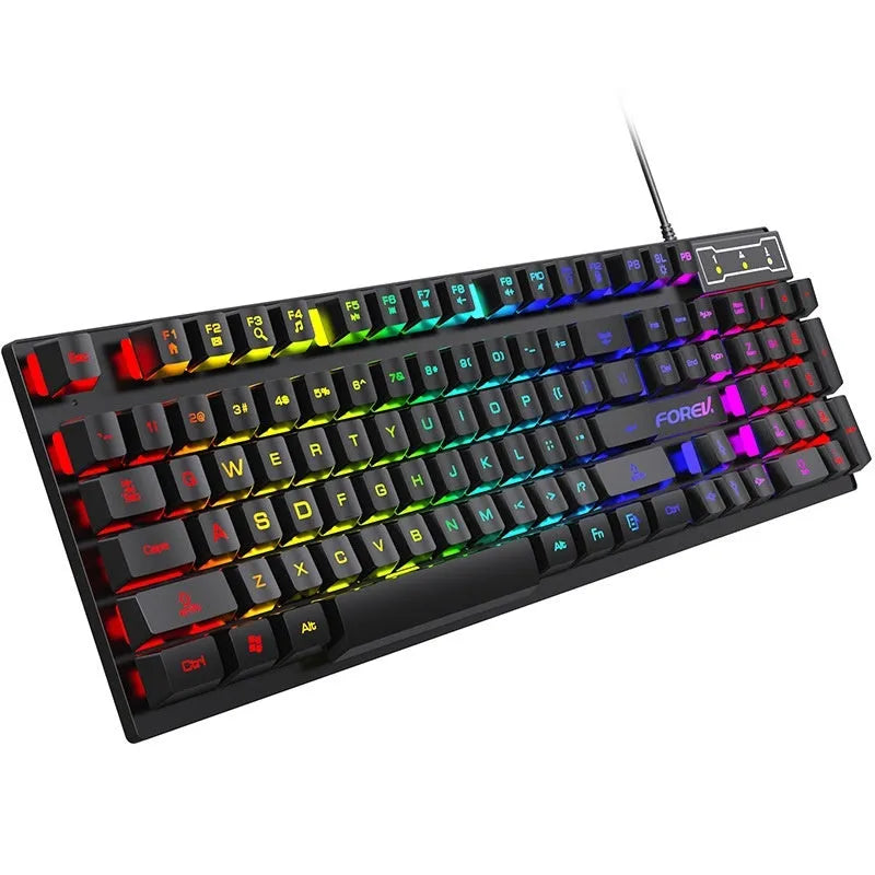 Black 104-key backlit gaming keyboard with mouse bundle on gaming desk