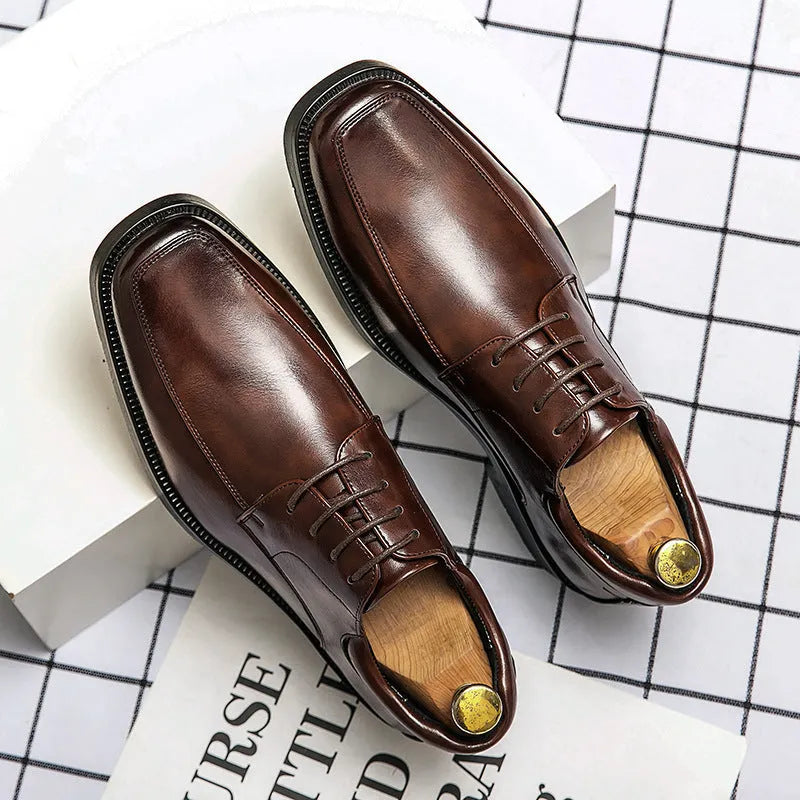 Men's black square toe business casual leather shoes with low-top design and rubber soles