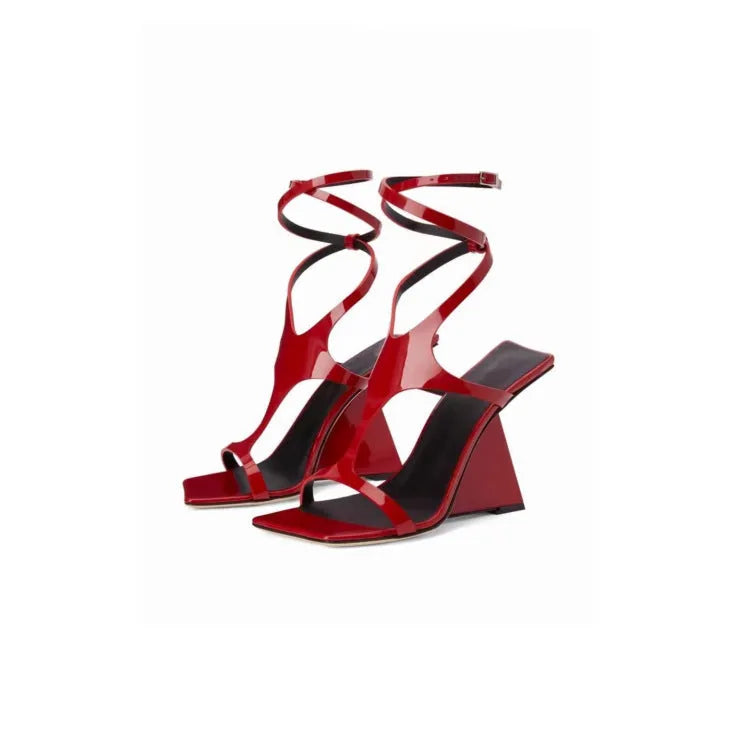 Women's black square-toe high heel sandals with a 9.5cm heel and ankle strap.