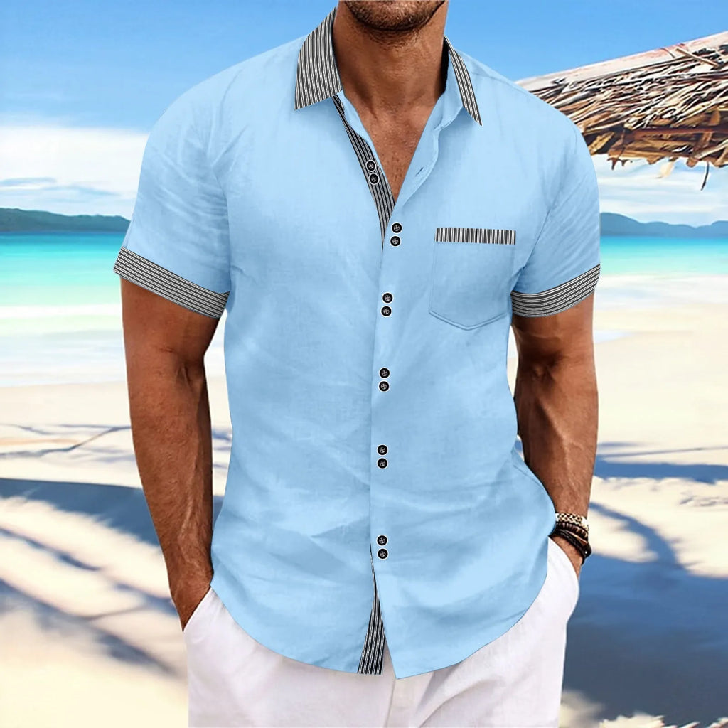 Men's striped casual shirt in pure cotton with slim fit and double button short sleeves