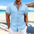 Men's striped casual shirt in pure cotton with slim fit and double button short sleeves