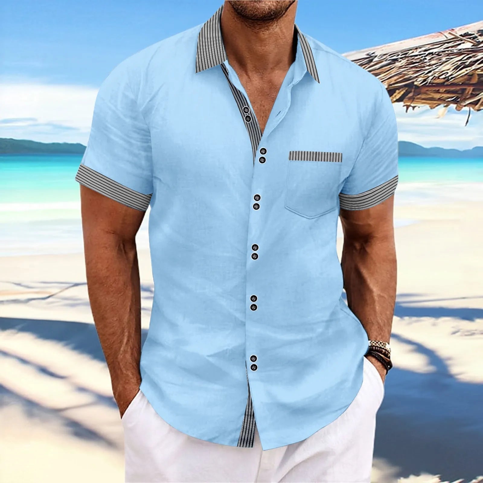 Men's striped casual shirt in pure cotton with slim fit and double button short sleeves