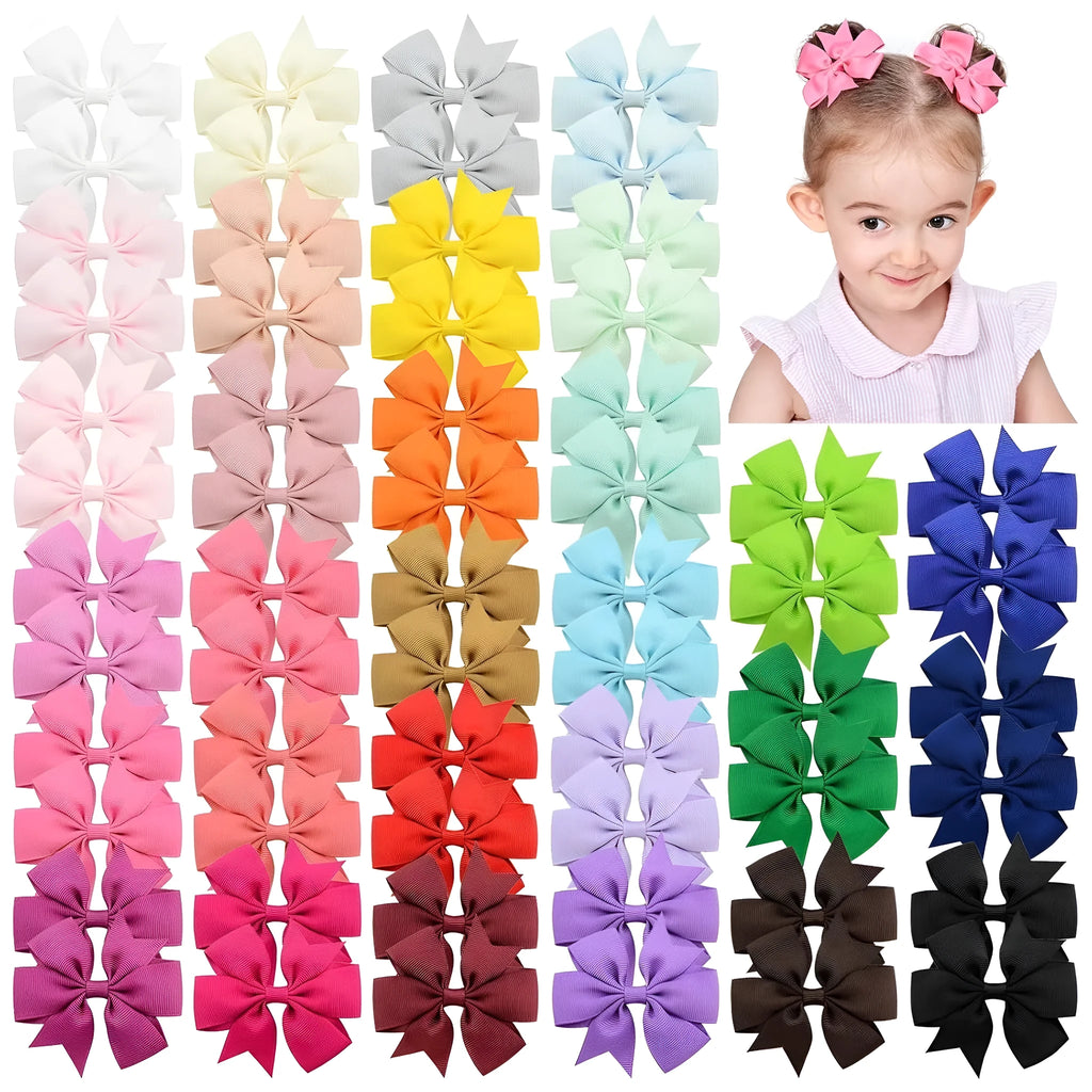 Assortment of 20 colourful 3-inch grosgrain ribbon hair bows with alligator clips for baby girls