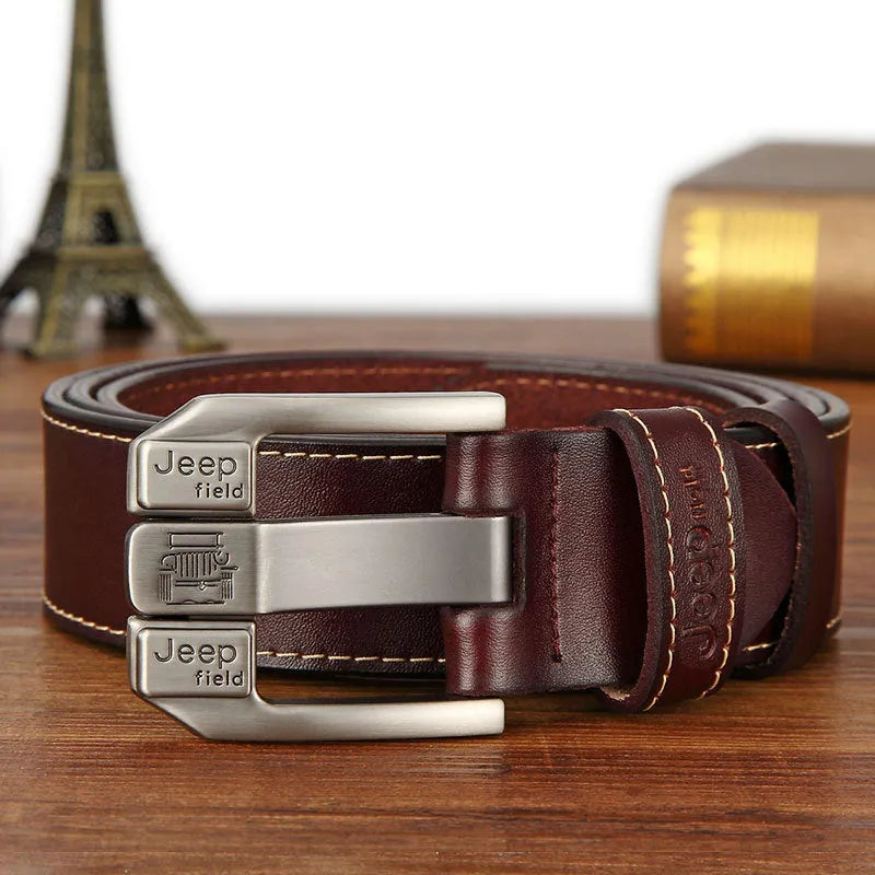 Men's leather belt with two-layer cowhide strap, alloy rectangular pin buckle and car suture detail