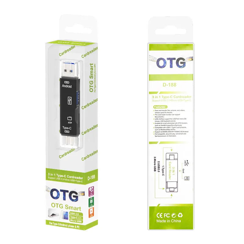 Black or white Type-C Micro USB OTG hub adapter with TF card reader showing USB ports