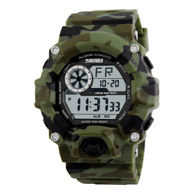 Waterproof sports electronic watch with round dial and plastic strap in multiple colour options