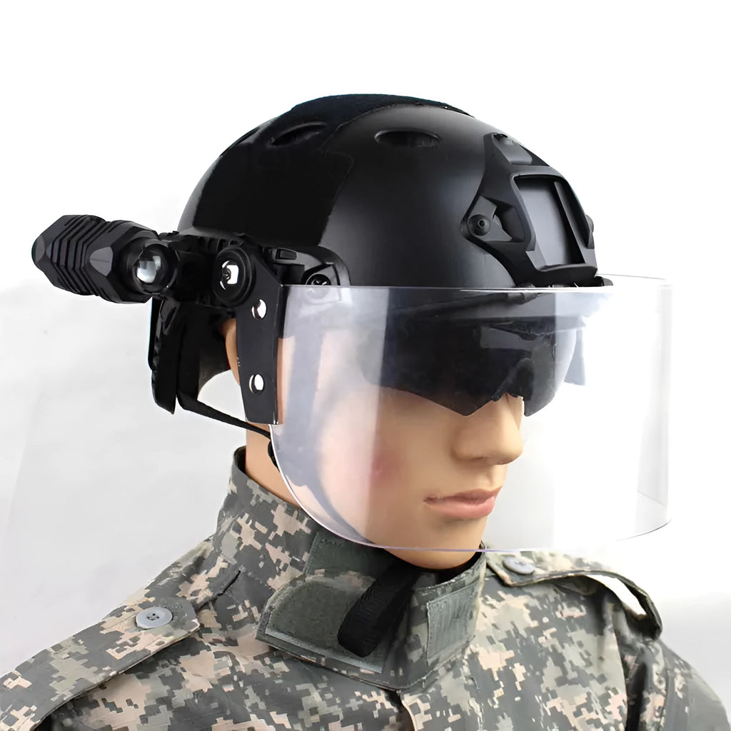 Transparent polycarbonate full face shield for safety helmet mounting.
