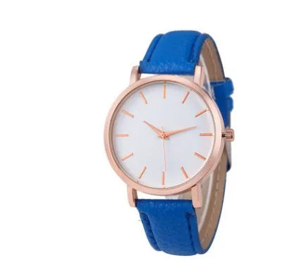 Square quartz watch with PU leather strap and alloy case in a selection of colours on a white background.