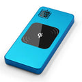Portable power bank with LCD display in alloy shell showing black, silver, red, and blue colour options