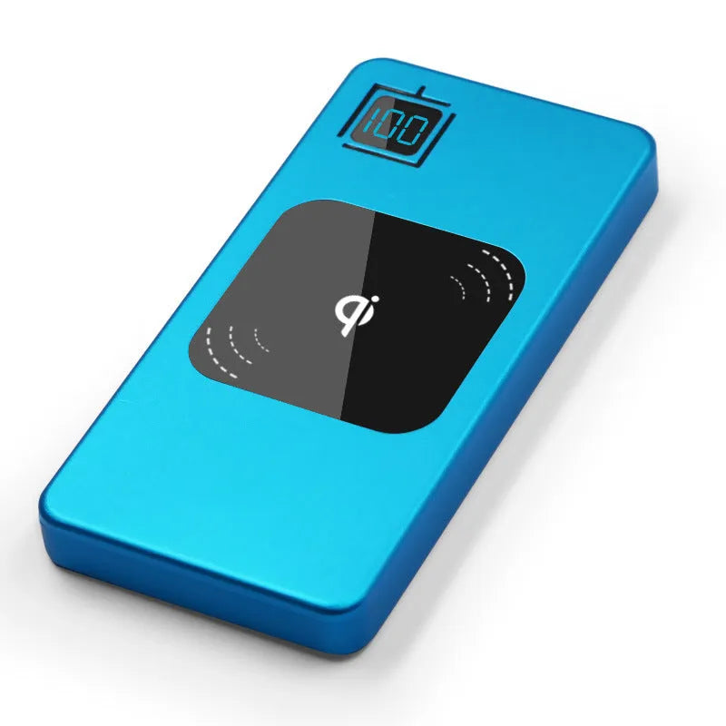 Portable power bank with LCD display in alloy shell showing black, silver, red, and blue colour options