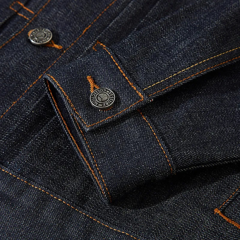 Men's Japanese retro style cotton denim jacket in fruit puree solid colour with loose fit and long sleeves