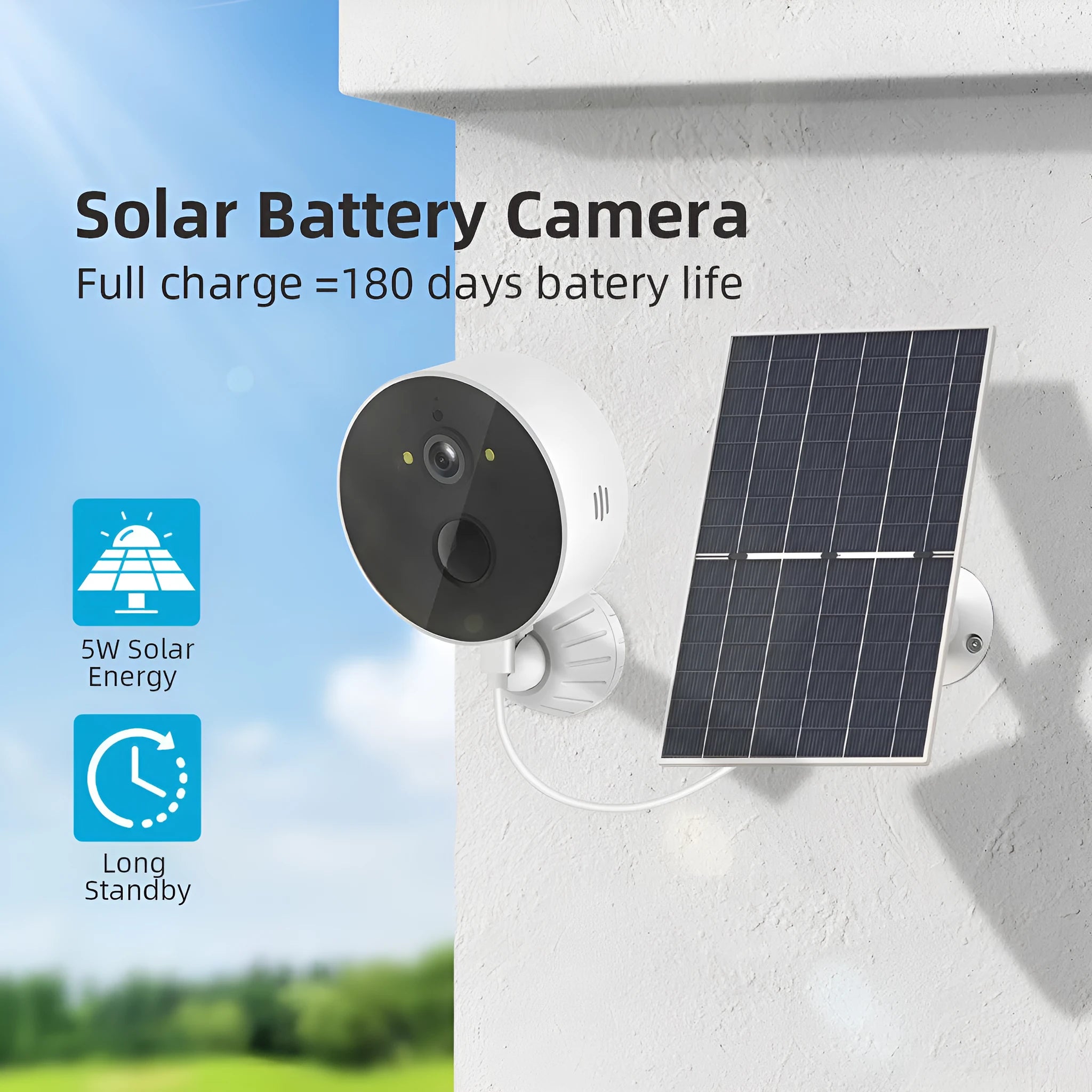 Outdoor solar-powered security camera with attached solar panel on a wall mount