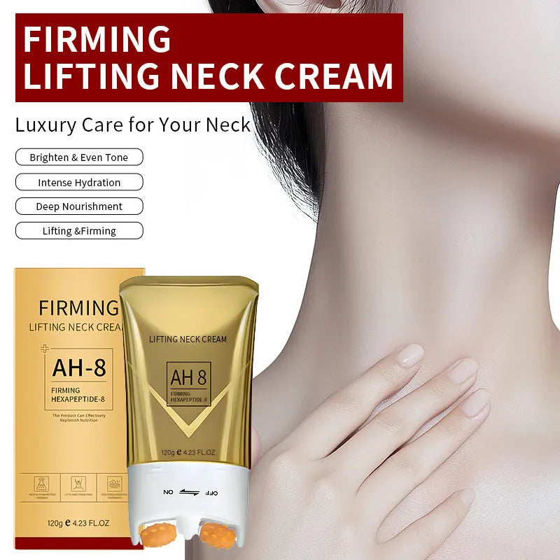 Neck cream with roller applicator in 8.8 x 3.5 x 16.5 cm container, 120g wrinkle treatment