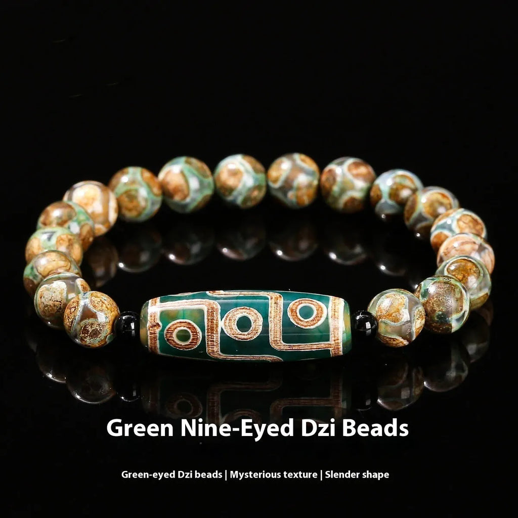 Handmade dzi bead bracelet with 8mm barrel beads in green, unisex geometric design.