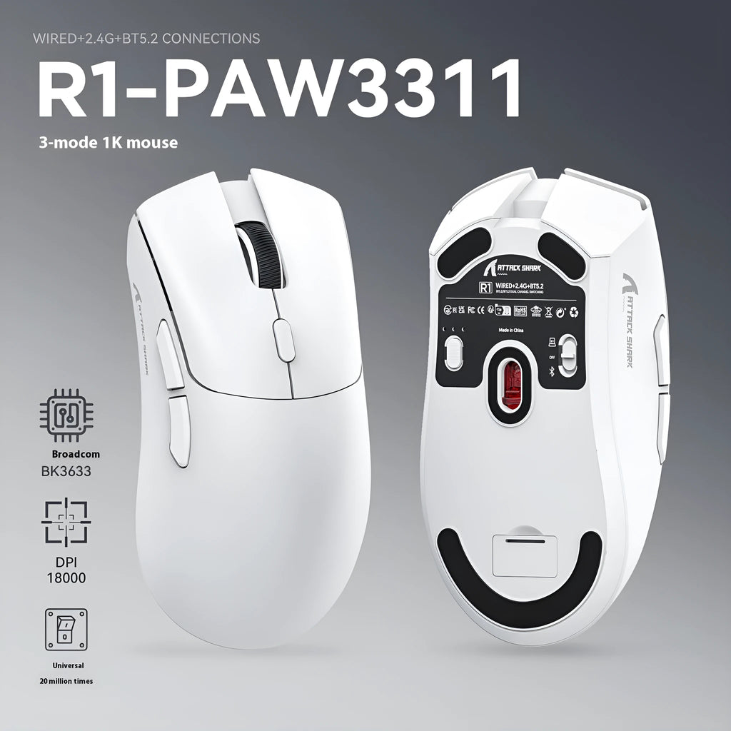 Attack Shark wireless triple-mode gaming mouse in black, white, or red with ergonomic design